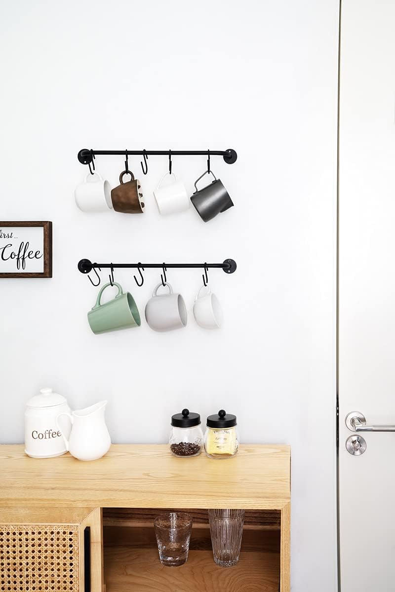 Mkono Mug Holder Wall Mounted Coffee Cup Rack Hanger Modern Metal with 10 Mug Hooks Rustic Utensil Tea Cups Storage Organizer for Kitchen Dining Room Coffee Bar, Set of 2, Black - Image 2